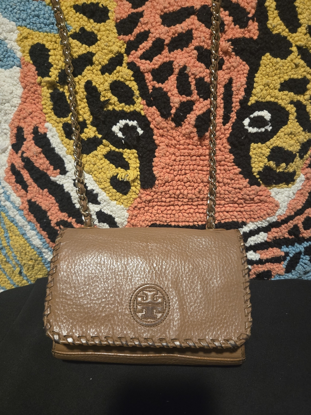 Tory Burch Brown Whipstitch Leather Chain Crossbody